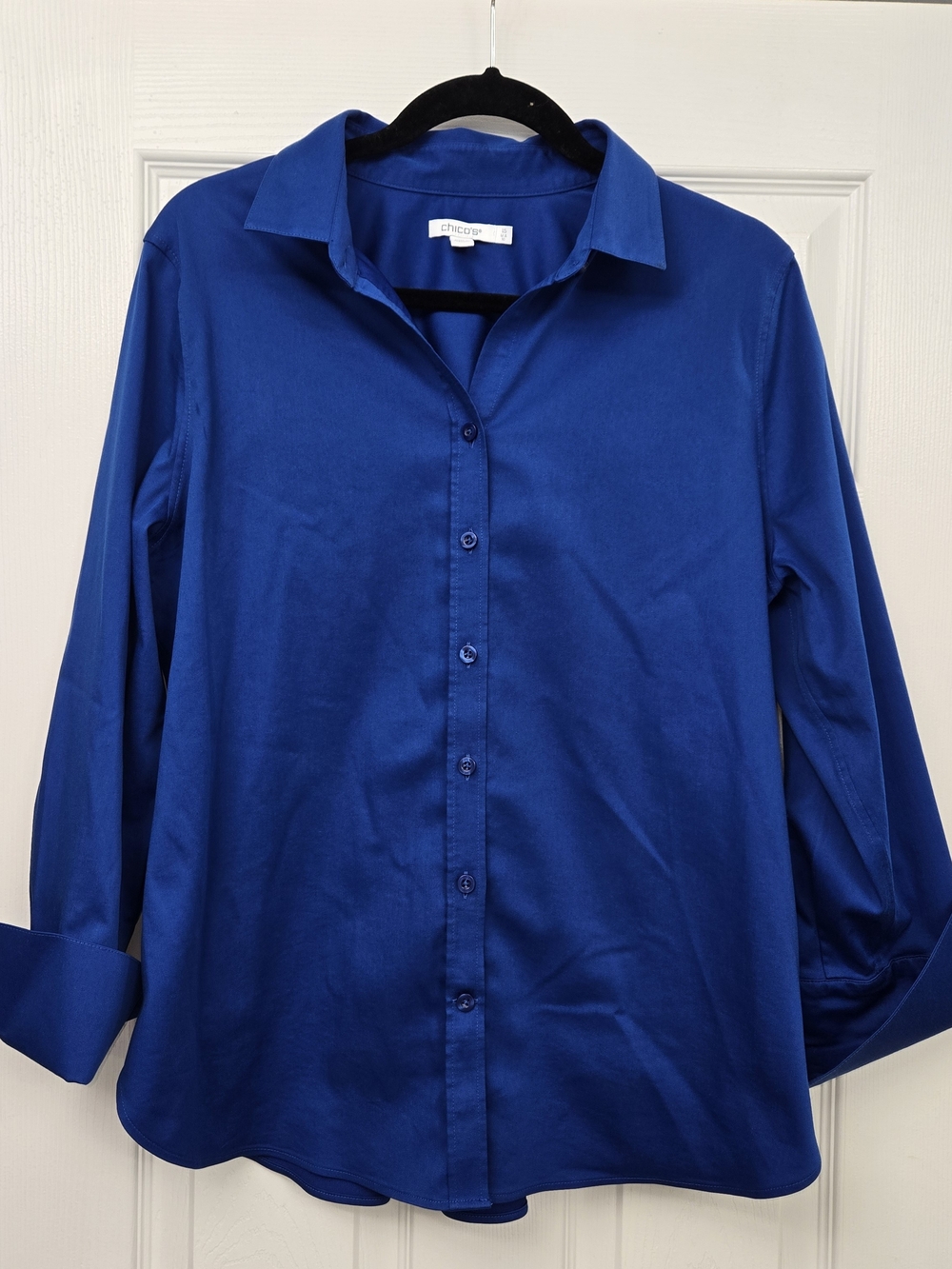 Chico's Size 1.5 US 10 Royal Blue No-Iron Stretch Button Front Shirt French Cuff